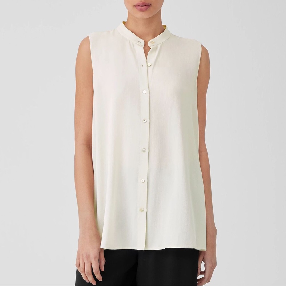 Eileen Fisher 100% Silk Georgette Crepe Sleeveless Button Up Shirt Bone Cream XL